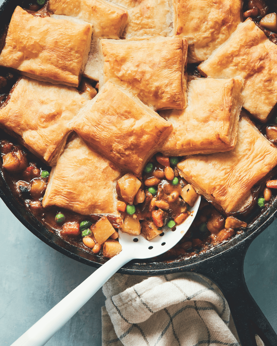 cast iron skillet with vegetarian pot pie