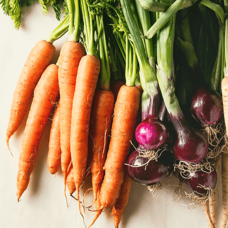 overhead image of carrots and red onions