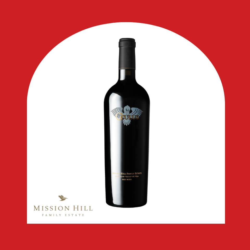 A bottle of red wine in a red arch-shaped frame