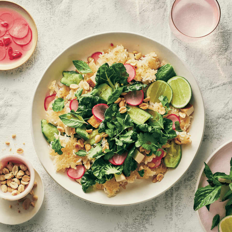overhead shot of rice salad with greens