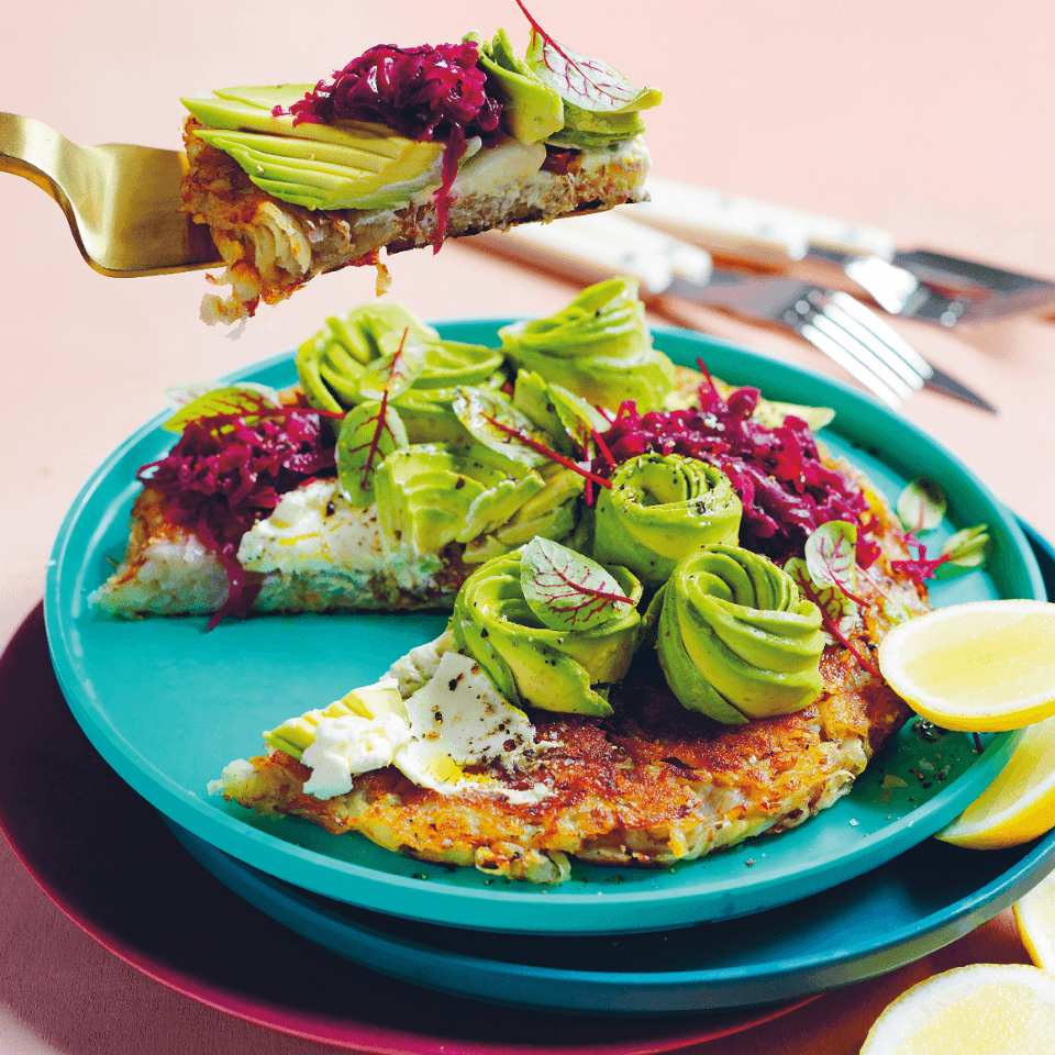 turquoise plate with latke and avocadoes