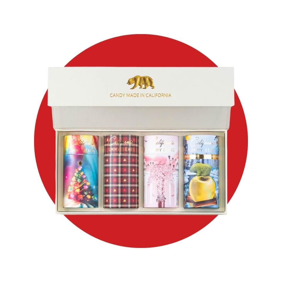 A box with four canisters of gummy bears over a red circle