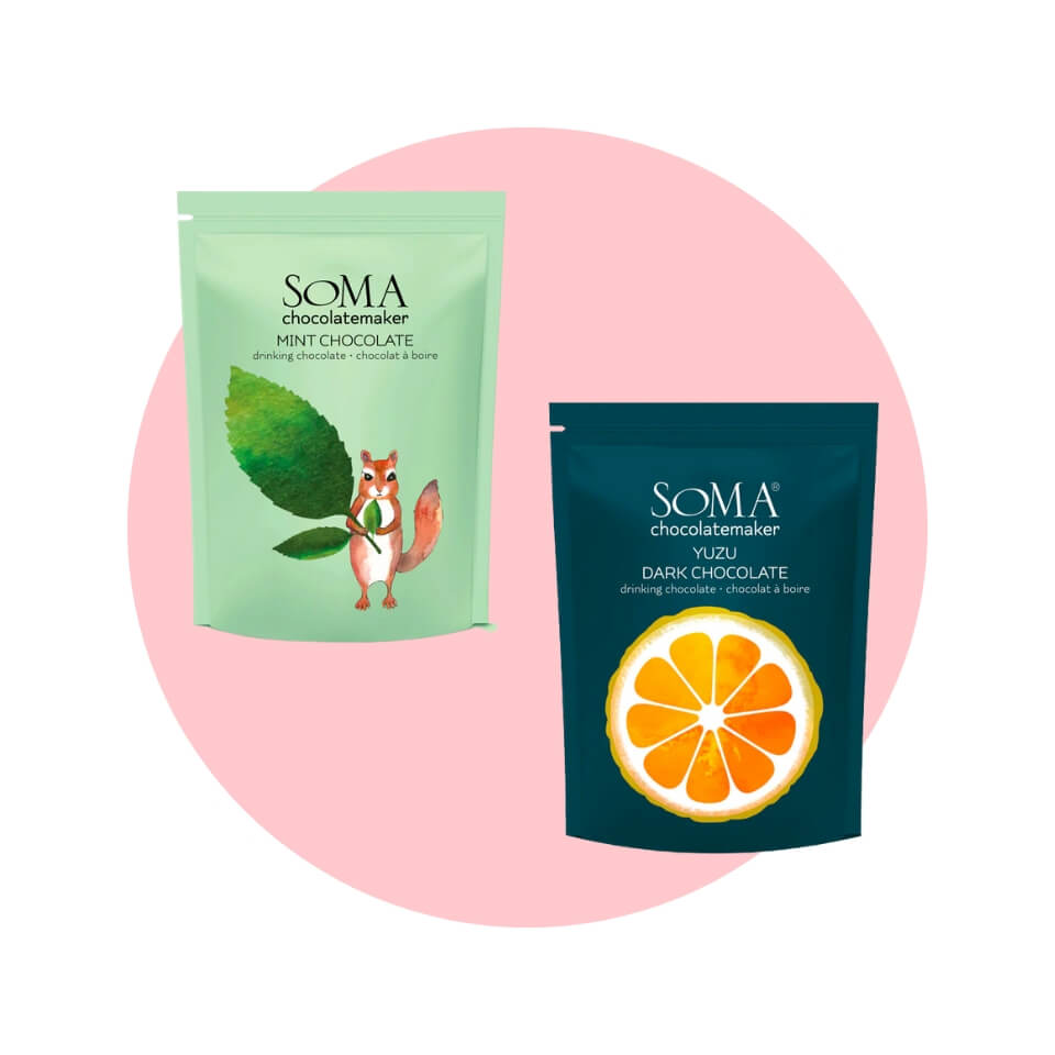 Two bags over a pink circle