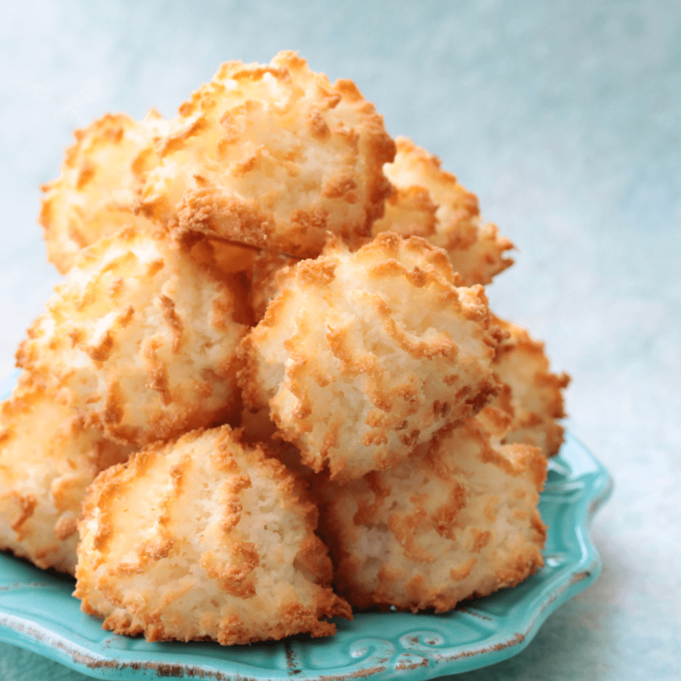 coconut macaroons on blue plate