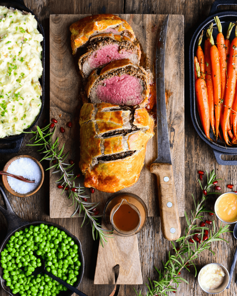 beef wellington on cutting board