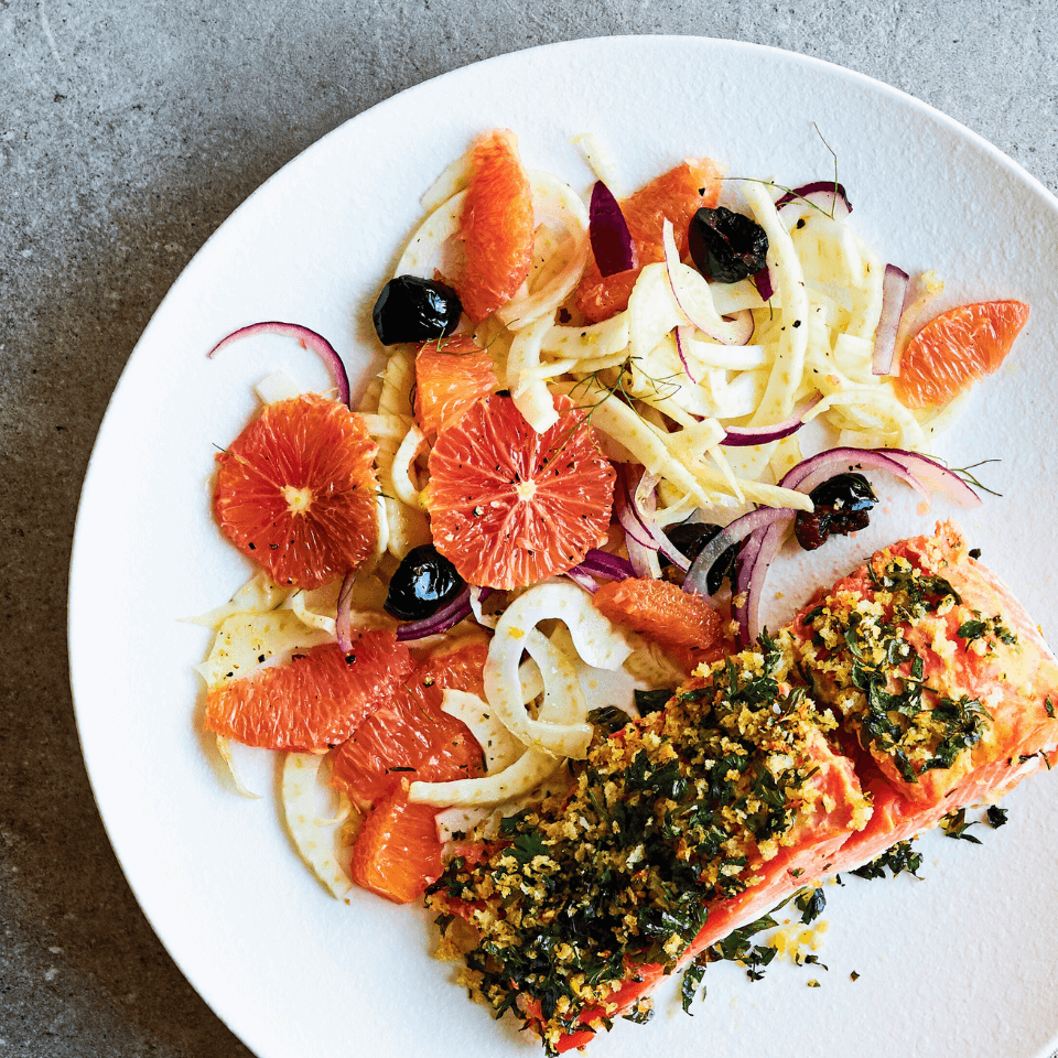 fennel and orange salad with salmon fillet