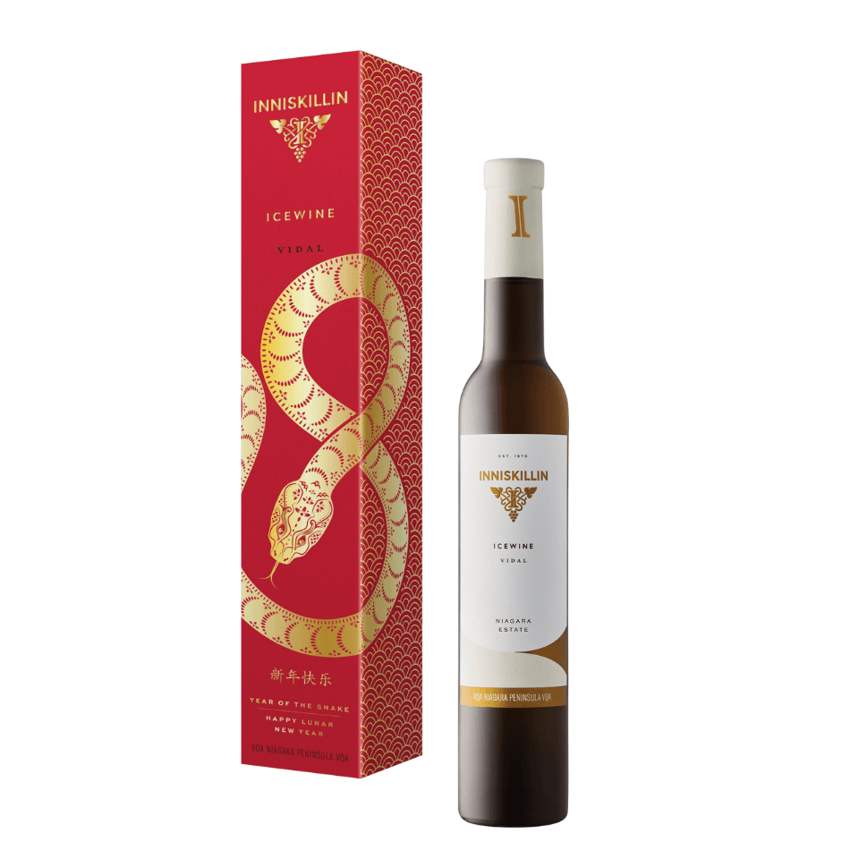 Bottle of canadian ice wine from Inniskillin winery with gift box celebrating year of the snake