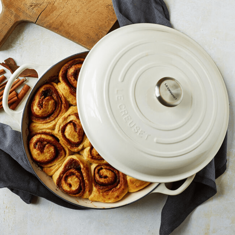 le creuset braiser with cinnamon buns