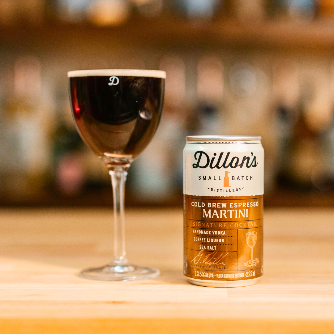 Just poured Dillons Small Batch Cold Brew Espresso Martini with can beside it