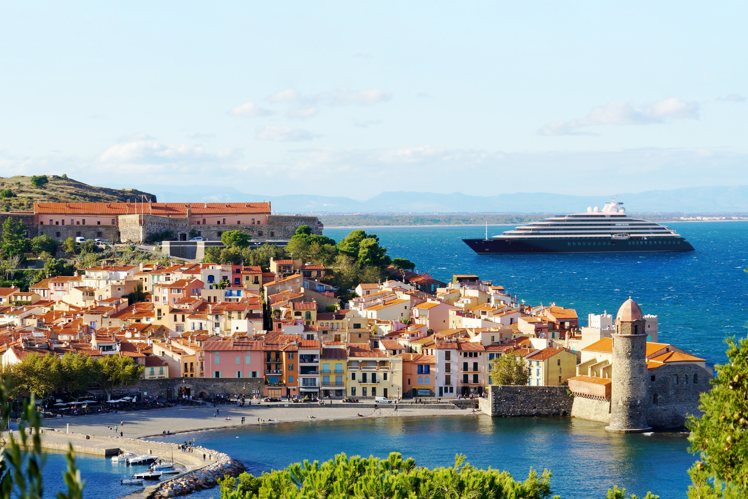 Scenic Eclipse anchored outside Collioure France