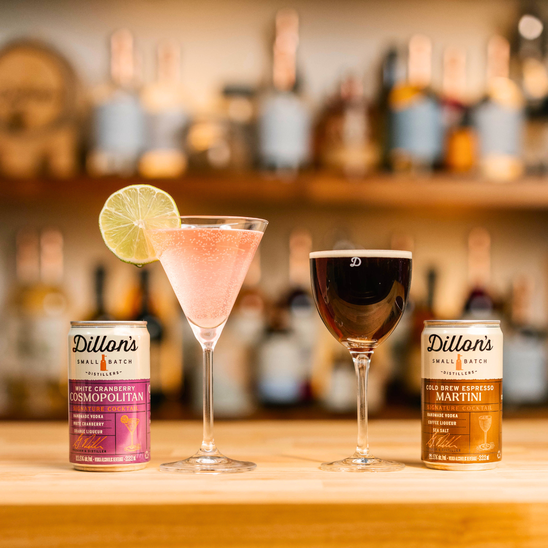 Dillon's New Small Batch Cocktail RTDs, including Espresso martini and cranberry cosmopolitan
