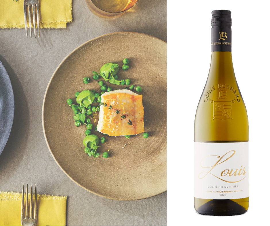 halibut dish with peas and a wine pairing