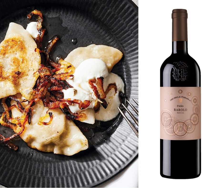Homemade perogies with sour cream and fried onions paired with cabernet sauvignon