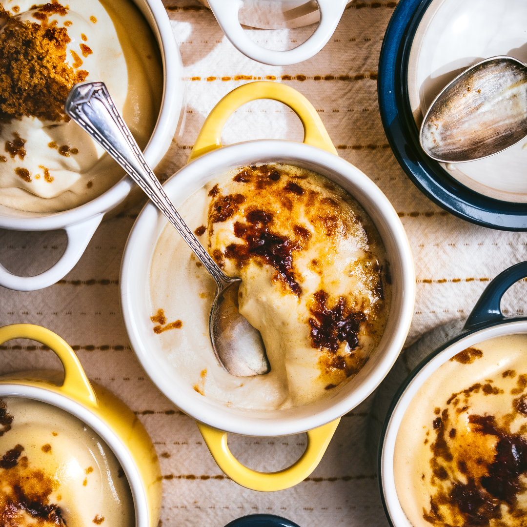 Brûléed Sugar Pie Mousse in yellow pot