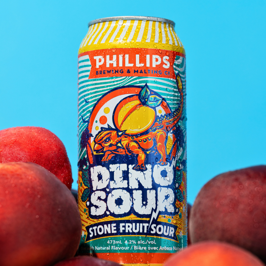 Dinosour stone fruit sour ale close up of can