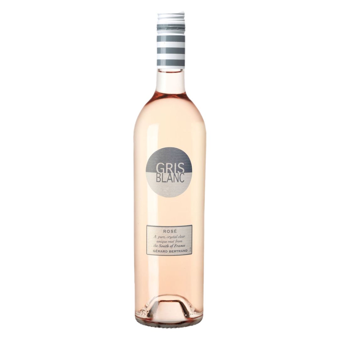 Clear bottle of organic rosé with a grey and white striped wrapper on top.