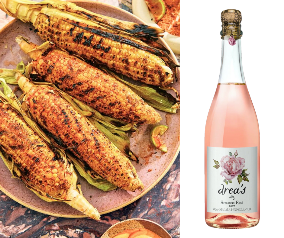 Drea's Cuvée Rosé Brut Paired with a recipe for Masala Street Corn