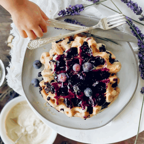overhead image of golden waffles sitting on a plate. Waffles are topped with blueberries and blueberry sauce