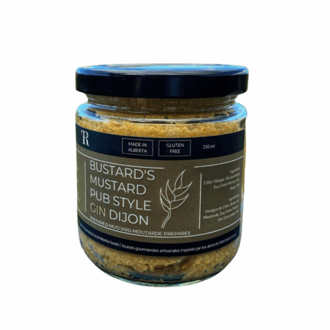 A clear jar of Bustard's Mustard.