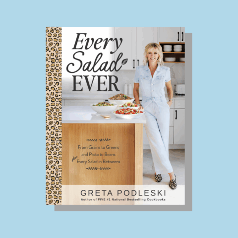 Cover of Every Salad Ever cookbook on a blue background.