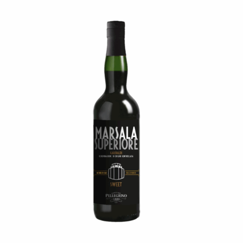 A black bottle of wine, with the label reading Marsala Superiore.