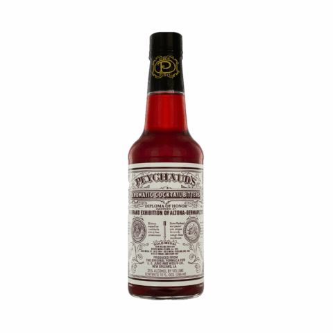 A red bottle of bitters with a black cap and a cream-coloured label.