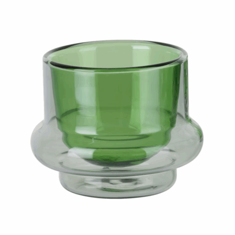 A double walled espresso cup in green and gray, with a bump near the bottom.