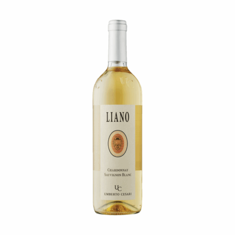 A yellow bottle of wine with a white label and the word "Liano" printed on it.