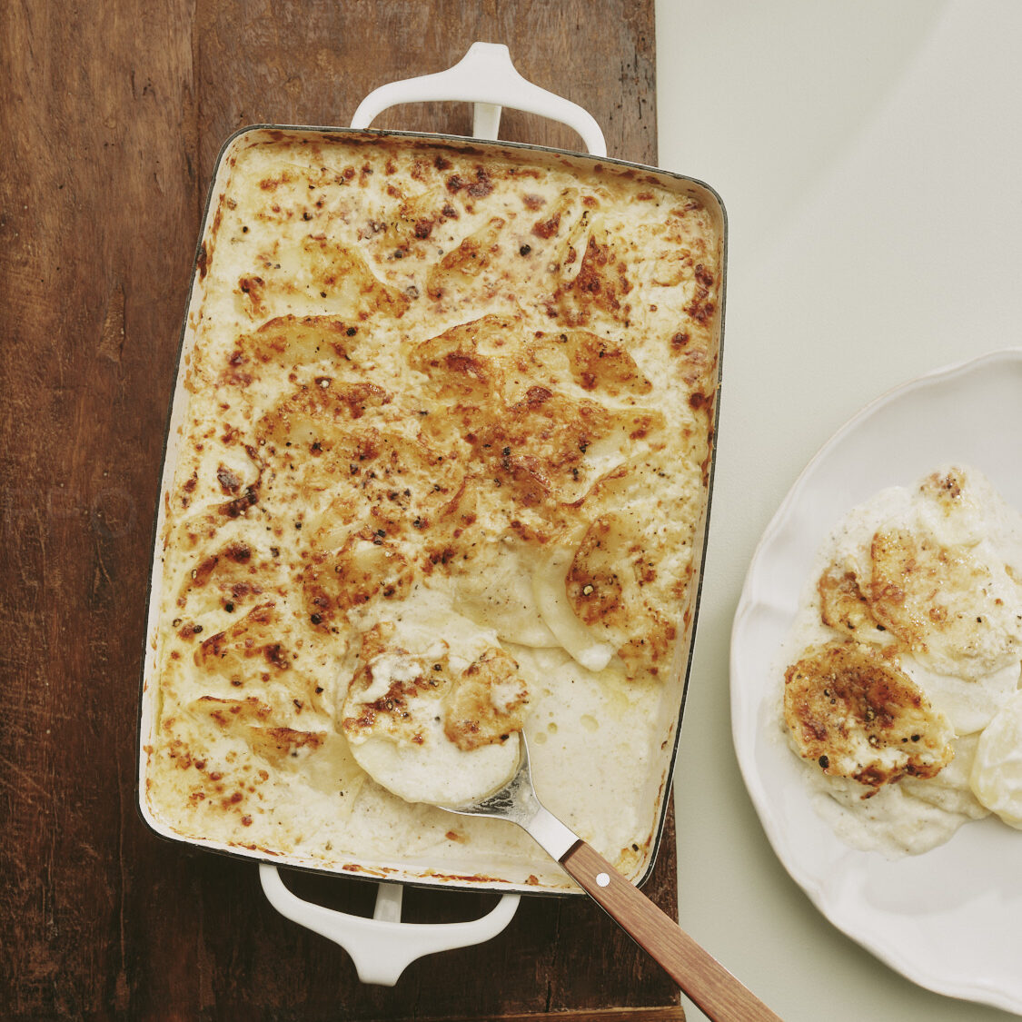 A pan of baked scalloped potatoes.