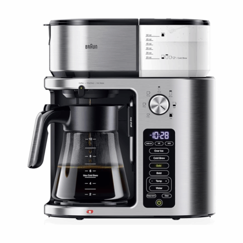 Silver coffee maker filling up a pot of coffee.