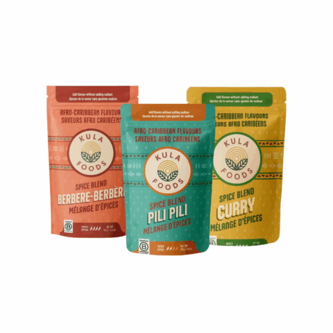 Three packages of spice blends, with packaging in orange, blue and yellow colours.