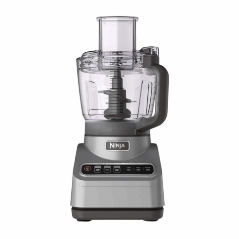 A gray food processor.