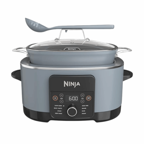 Gray multi-cooker with a clear lid and ladle attached to the handle.