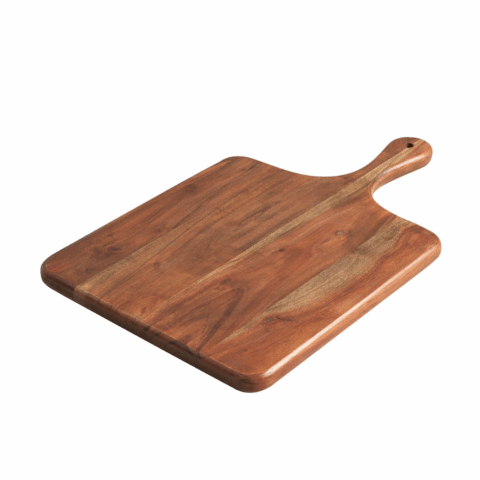 Square wooden serving board with a handle.