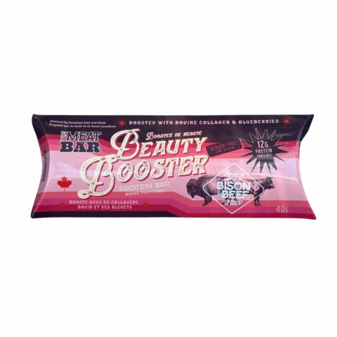 Purple and pink striped package labelled "Beauty Booster."