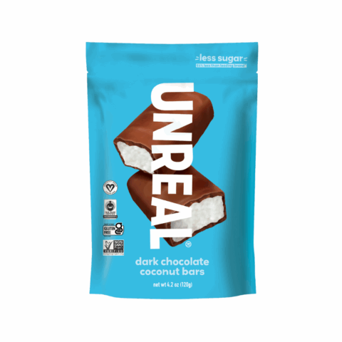 A blue package showing a chocolate coconut bar split in half.