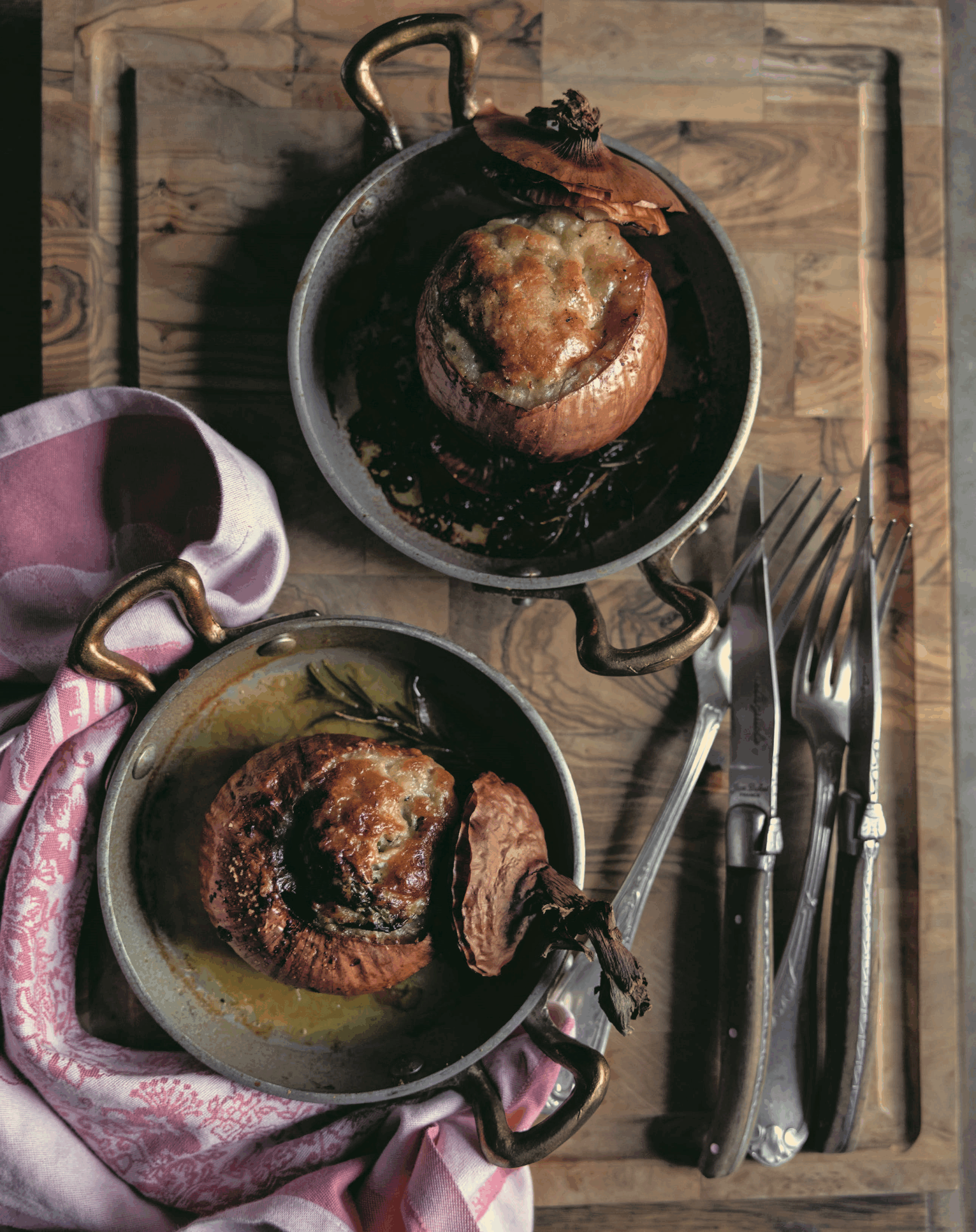 Elegant Baked Stuffed Onions served in vintage pewter dishes