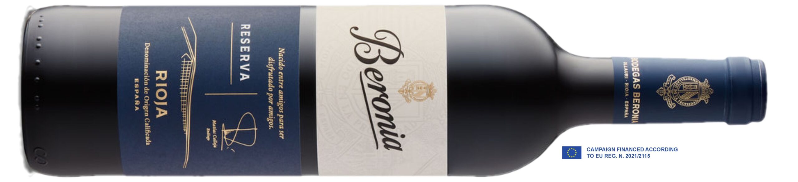 A black bottle of wine with a white label. 