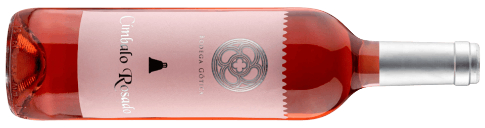 A clear bottle of pink wine with a pink label. 