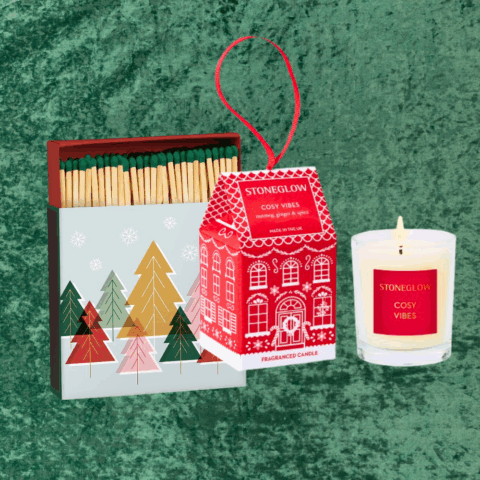 Pretty box of matches and a scented candle are the perfect hostess gifts