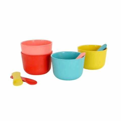 Four ice cream cups and matching mini-spoons.