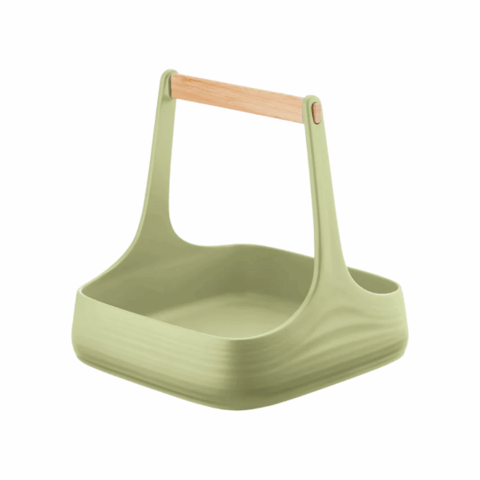Light green plastic table caddy with wooden handle.