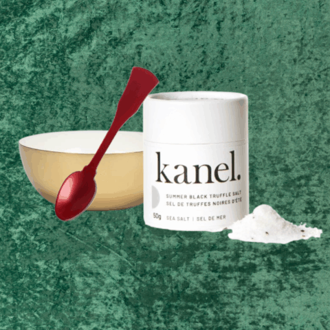 Container of salt, red spoon and gold bowl are perfect hostess gifts