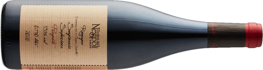 A black wine bottle with a red closure and tan label. 