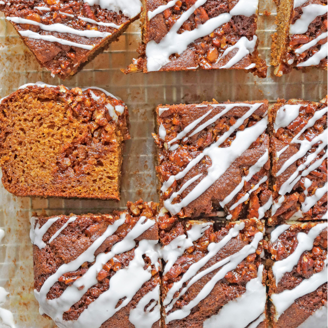 Nutty pumpkin squares with caramelized pecans