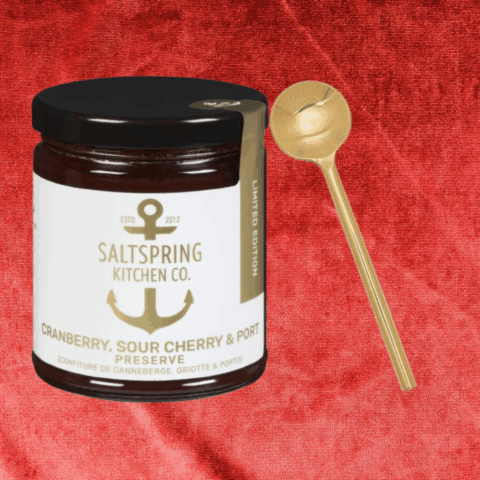 picture of cranberry preserve and tiny gold spoon