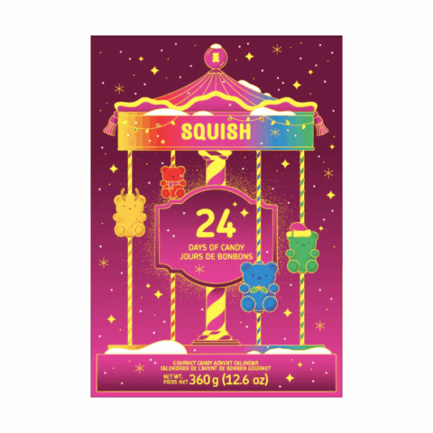 Pink advent calendar with a carousel illustration on the front.