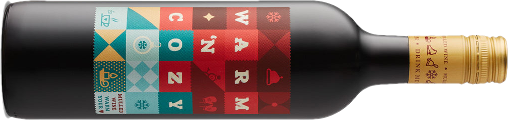 A black wine bottle with a gold closure and a red and turquoise label. 