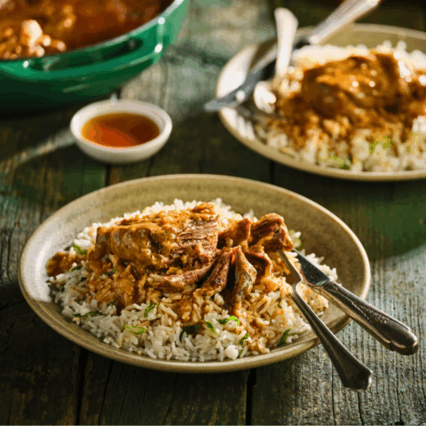 A bowl of Filipino-inspired beef kare kare is a Filipino comfortfood recipe