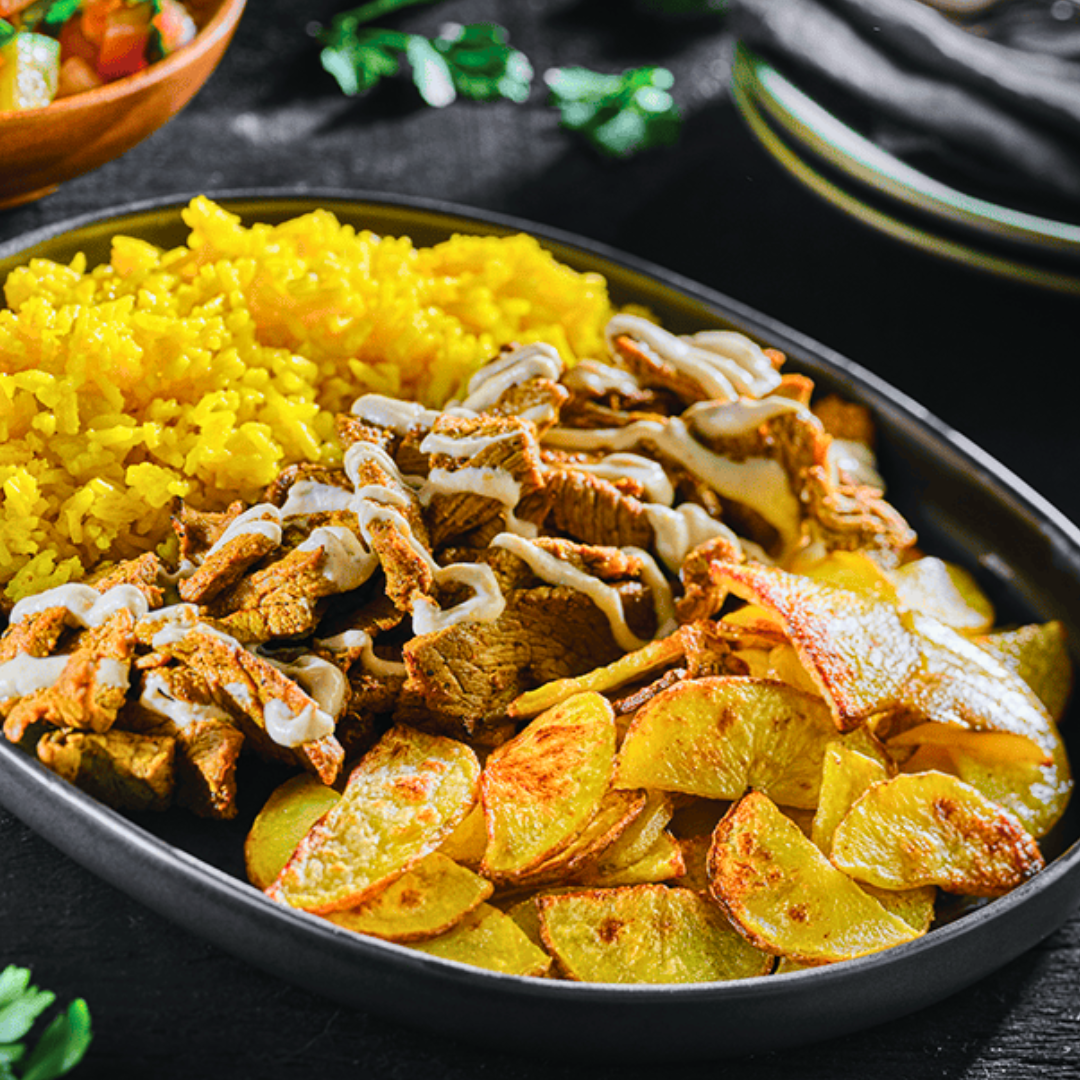 Recipe for a beef shwarma platter including crispy potatoes